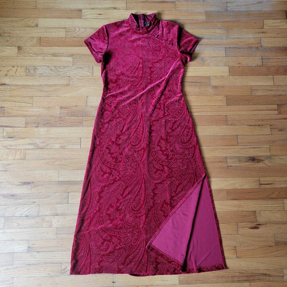 SL Fashions Vintage Velvet Maxi Dress Red Paisley Glitter Glam Grunge Whimsigoth